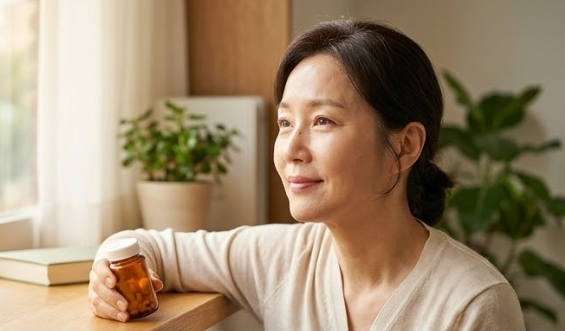 갱년기 호르몬제 클리멘 복용을 고민하는 40대 후반 여성의 평온한 모습