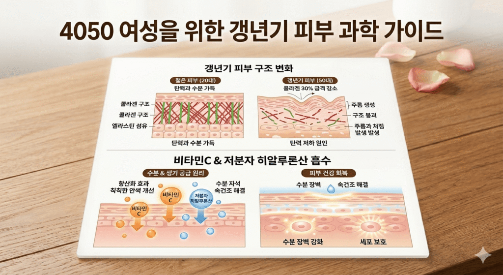 4050 여성을 위한 갱년기 피부 과학 가이드 인포그래픽. 따뜻한 우드톤 테이블 배경 위에 두 가지 섹션으로 구성된 정보판 이미지. 상단에는 20대 젊은 피부와 50대 갱년기 피부의 콜라겐 및 엘라스틴 구조를 비교하여 탄력 저하와 주름 생성 원인을 설명하고, 하단에는 비타민 C와 저분자 히알루론산이 피부 장벽에 흡수되어 속건조를 해결하고 세포를 보호하는 과학적 원리를 시각적으로 보여줌.