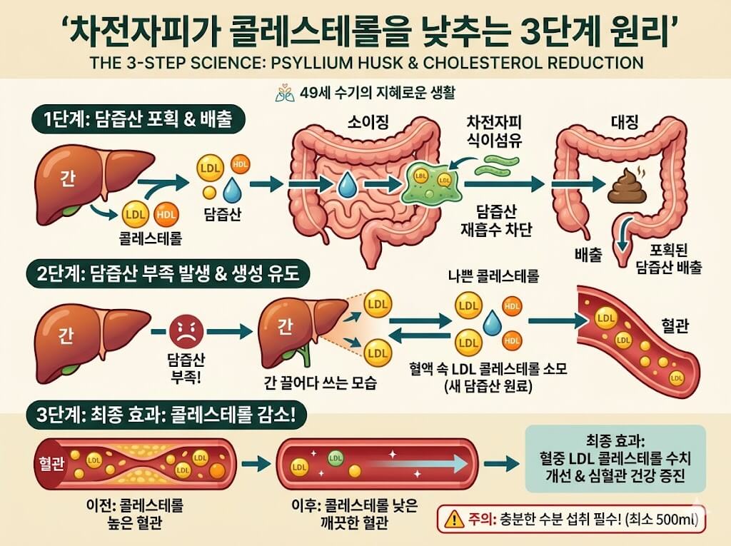 차전자피가 담즙산을 흡착해 콜레스테롤을 낮추는 3단계 원리 인포그래픽
