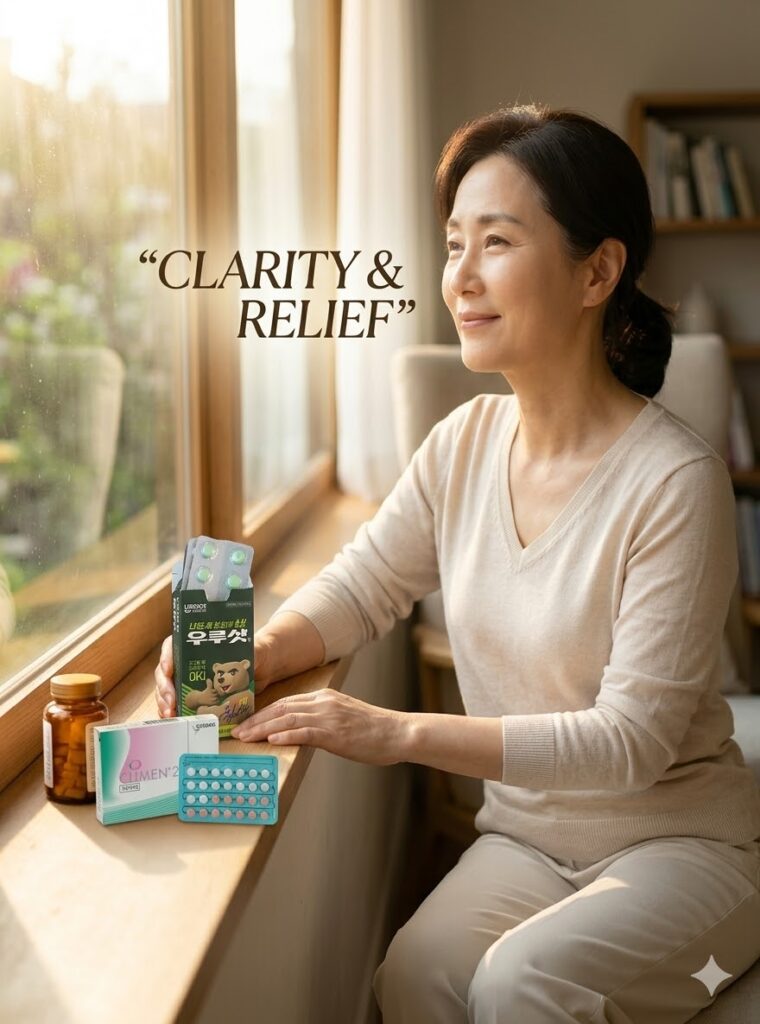 햇살이 내리쬐는 창가에서 평온한 미소를 짓는 4050 여성의 모습. 창틀에는 갱년기 호르몬제 클리멘 28과 간 영양제 우루샷이 놓여 있으며, 'CLARITY & RELIEF'라는 문구가 적혀 있습니다.