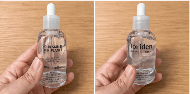 갱년기 피부의 지독한 속당김을 해결해 준 토리든 다이브인 저분자 히알루론산 세럼 사진. 투명한 용기 안에 연한 하늘색 세럼이 담겨 있으며, 깨끗하고 촉촉한 수분감을 시각적으로 보여준다.