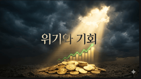 어두운 먹구름(지정학적 리스크)이 가득한 하늘 사이로 강렬한 한 줄기 황금빛 햇살이 내리쬐고 있습니다. 그 햇살이 가리키는 곳에는 우뚝 솟은 주가 그래프와 반짝이는 금화 더미가 놓여 있어, 위기 속에서 피어나는 기회를 시각화했습니다. 이미지 중앙에는 '위기와 기회'라는 한글 텍스트가 세련된 디자인으로 포함되어 있습니다.