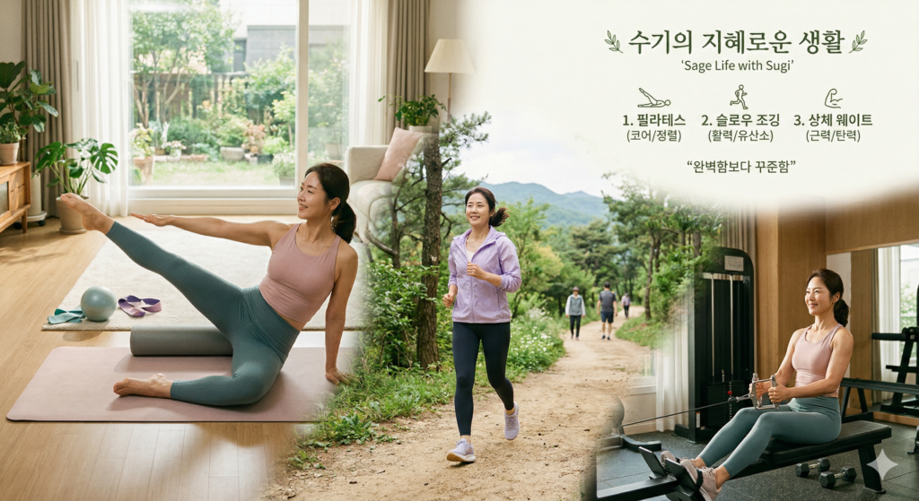 '수기의 지혜로운 생활' 블로그의 4050 여성을 위한 '3-Way 운동 루틴'을 설명하는 세 장의 사진이 자연스럽게 합성된 이미지입니다.
전체적으로 따뜻하고 자연스러운 햇살이 드는 아늑한 실내 거실과 푸른 뒷산 산책로, 그리고 활기찬 헬스장을 배경으로 합니다. 오른쪽 상단에는 '수기의 지혜로운 생활'이라는 문구와 함께 식물 잎사귀 아이콘이 그려져 있습니다. 그 아래로 '1. 필라테스 (코어/정렬)', '2. 슬로우 조깅 (활력/유산소)', '3. 상체 웨이트 (근력/탄력)'라는 소제목과 각각을 상징하는 아이콘(필라테스 자세, 달리는 사람, 근육 팔)이 나란히 배치되어 있으며, 마지막으로 "완벽함보다 꾸준함"이라는 문구가 적혀 있습니다.
이미지의 왼쪽에는 단정하게 머리를 묶고 핑크색 상의와 민트색 레깅스를 입은 여성이 햇살이 드는 거실에서 요가 매트와 폼롤러, 필라테스 공을 활용해 우아한 자세로 다리를 뻗으며 필라테스 동작을 하고 있습니다.
중앙에는 연보라색 바람막이와 검은색 레깅스를 입은 여성이 나무가 우거진 푸른 산책로를 배경으로 가벼운 미소를 띠며 활기차게 슬로우 조깅을 하고 있습니다. 뒤편으로 다른 산책하는 사람들의 모습도 보입니다.
오른쪽에는 동일한 핑크색 상의와 민트색 레깅스를 입은 여성이 밝고 쾌적한 헬스장에서 기구에 앉아 등을 곧게 펴고 진지한 표정으로 시티드 로우(Seated Row) 동작을 하며 등 근육 강화 운동을 하고 있습니다.
이미지 속 여성은 모두 건강하고 활기찬 모습이며, 부드럽고 따뜻한 톤의 사진은 갱년기를 건강하고 지혜롭게 보내고자 하는 글의 주제를 시각적으로 잘 전달하고 있습니다.