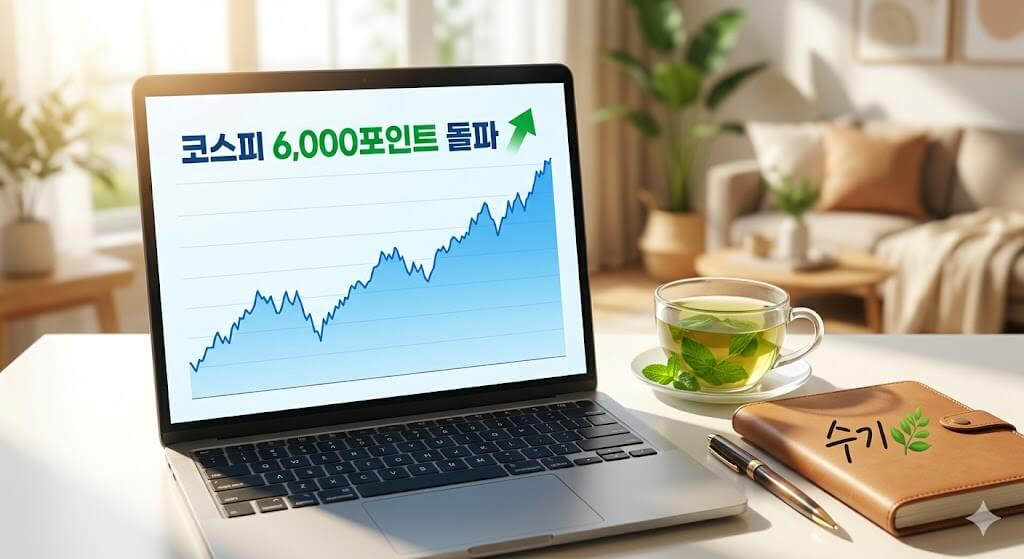 따뜻한 햇살이 드는 거실에서 '코스피 6,000포인트 돌파'와 상승 화살표가 선명한 노트북 차트 화면을 보여준다. 노트북 옆에는 '수기 🌿'라고 적힌 일기장과 허브차 한 잔이 있어, 현명한 투자자의 여유로운 아침 일상을 표현한다.
