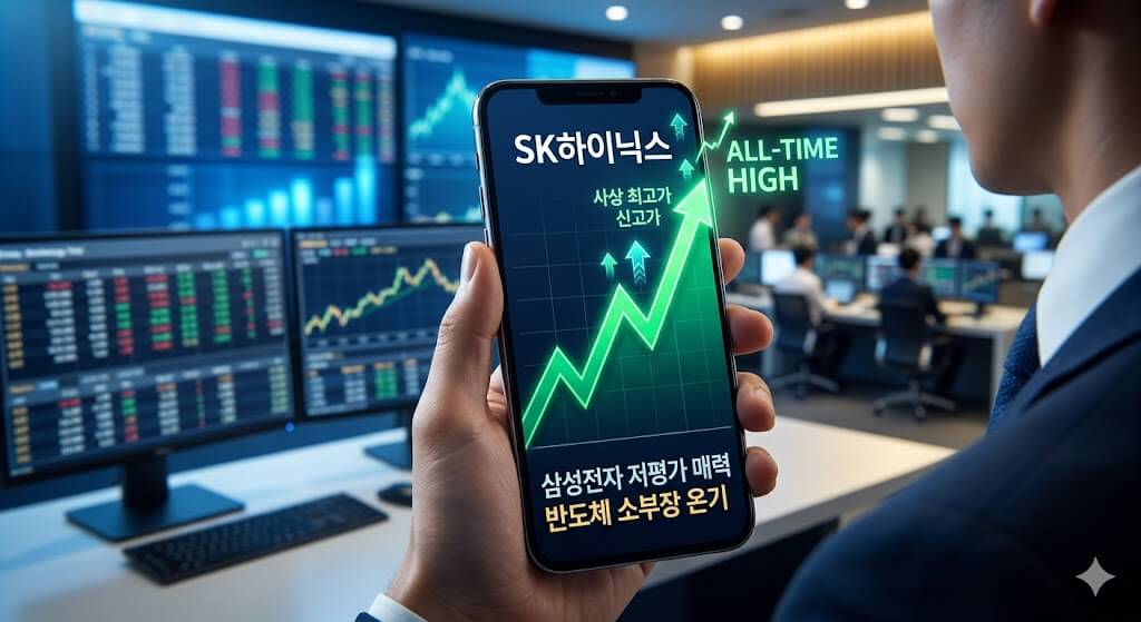 현대적인 거래소 배경에서 스마트폰 화면을 클로즈업했다. 화면에는 'SK하이닉스' 주가가 급등하여 'ALL-TIME HIGH' 선을 넘어 '사상 최고가'와 '신고가'라고 쓰인 지점에 도달한 역동적인 차트와 상승 화살표가 보인다. 화면 아래에는 '삼성전자 저평가 매력'과 '반도체 소부장 온기'라는 글씨가 작게 보인다.