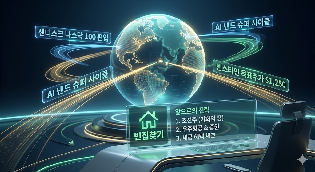 글로벌 금융 데이터를 형상화한 지구본 주위로, '샌디스크 나스닥 100 편입', 'AI 낸드 슈퍼 사이클', '번스타인 목표주가 $1,250'라는 홀로그램 텍스트가 떠 있다. 앞쪽 디스플레이에는 '앞으로의 전략' 리스트로 조선주, 우주항공, 세금 혜택 체크가 보이며, '빈집찾기' 아이콘이 빛나고 있어 미래 기회를 탐색하는 전략을 보여준다.