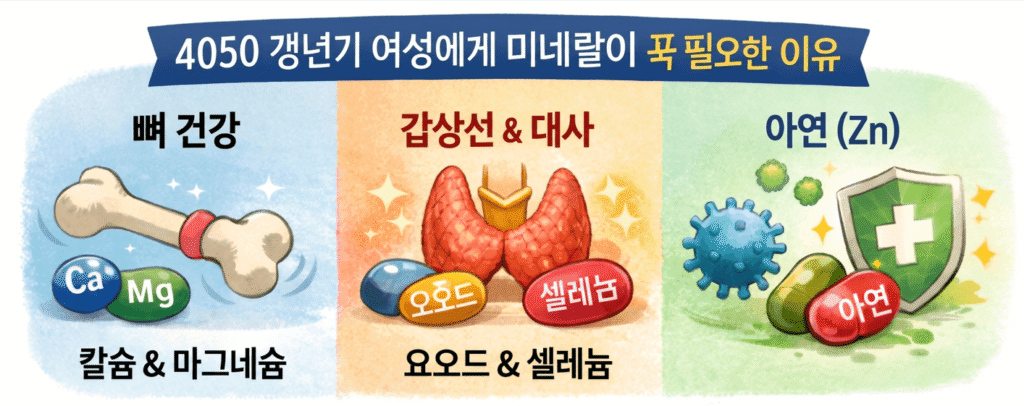 4050 갱년기 여성에게 미네랄이 꼭 필요한 이유를 보여주는 3단 인포그래픽. 첫 번째 칸은 '뼈 건강(칼슘&마그네슘)', 두 번째 칸은 '갑상선&대사(요오드&셀레늄)', 세 번째 칸은 '아연(Zn)'을 주제로 관련 신체 부위 삽화와 미네랄 성분 아이콘이 배치되어 있다.