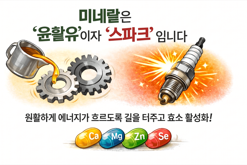 미네랄의 역할을 설명하는 인포그래픽. 왼쪽에는 '윤활유'에 비유하여 톱니바퀴에 기름을 붓는 삽화와 함께 "에너지가 원활하게 흐르도록 효소 활성화"라는 문구가 있고, 오른쪽에는 '스파크'에 비유하여 점화 플러그가 불꽃을 튀기는 삽화가 그려져 있다. 하단에는 Ca(칼슘), Mg(마그네슘), Zn(아연), Se(셀레늄) 캡슐 이미지가 배치되어 있다.