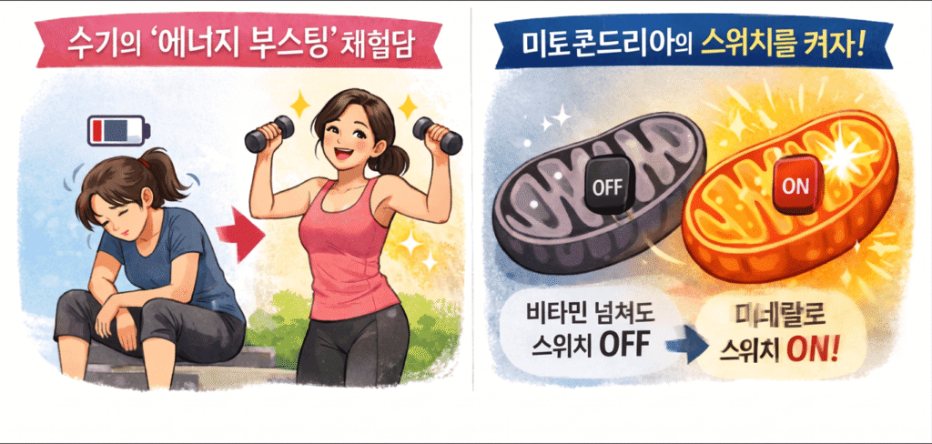 미토콘드리아 활성화에 대한 미네랄의 역할을 설명하는 이미지. 왼쪽에는 피로를 느끼는 여성(방전된 배터리 표시)과 'OFF' 스위치가 달린 어두운 미토콘드리아 삽화, 그리고 "비타민 넘쳐도 스위치 OFF"라는 문구가 있다. 오른쪽에는 운동하는 활기찬 여성과 불이 켜진 'ON' 스위치의 미토콘드리아 삽화, "미네랄로 스위치 ON!"이라는 문구가 배치되어 있다.