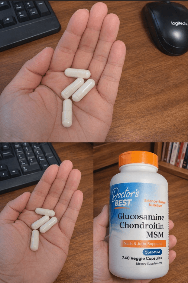 따뜻한 원목 책상 위에서 촬영된 사진으로, 손바닥 위에 흰색 캡슐 형태의 영양제가 놓여 있으며, 관절 건강을 위한 글루코사민·콘드로이틴·MSM 보충제 병이 함께 보인다. 제품 라벨과 캡슐 형태를 통해 건강관리용 영양제 복용 상황을 표현한 이미지