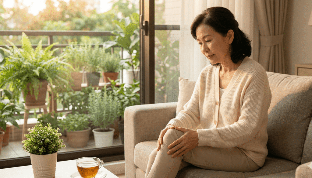 아늑하고 해가 잘 드는 거실을 배경으로, 따뜻한 색감의 카디건을 입은 4050 여성이 소파에 앉아 부드러운 표정으로 자신의 무릎을 어루만지며 상태를 살피고 있습니다.