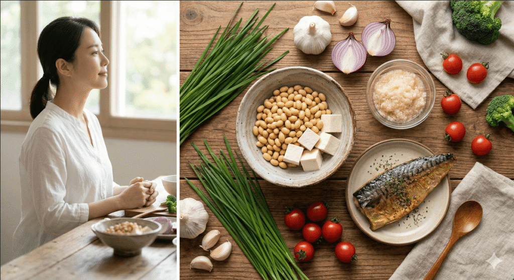 내추럴한 무늬의 나무 식탁 위에 관절 건강을 돕는 다양한 식재료들이 감각적으로 배치되어 있습니다. 신선한 초록색 부추와 마늘, 양파, 붉은 토마토가 콩, 두부와 함께 놓여 있고, 그 옆으로 오메가-3가 풍부한 고등어 필레가 먹음직스럽게 자리 잡고 있습니다. 뮤신 성분을 보여주는 단면이 잘린 마도 보입니다. 전체적으로 신선하고 건강한 식탁의 느낌을 전달합니다.