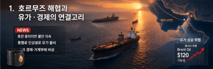 호르무즈 해협을 항해하는 유조선과 함께 유가 상승을 나타내는 그래프가 보이는 이미지로, 지정학적 리스크와 원유 가격 급등 가능성을 설명하는 장면