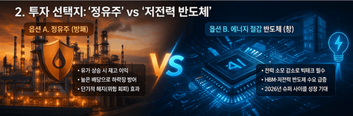 정유 공장과 방패 아이콘을 상징하는 정유주와 AI 반도체 칩 이미지를 대비시켜 유가 상승기 투자 전략인 정유주와 저전력 반도체를 비교한 이미지