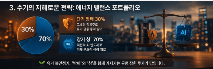 정유와 AI 반도체를 저울로 비교하고 30%와 70% 비율의 포트폴리오를 보여주는 그래프로 유가 상승 대응 투자 전략을 설명하는 이미지