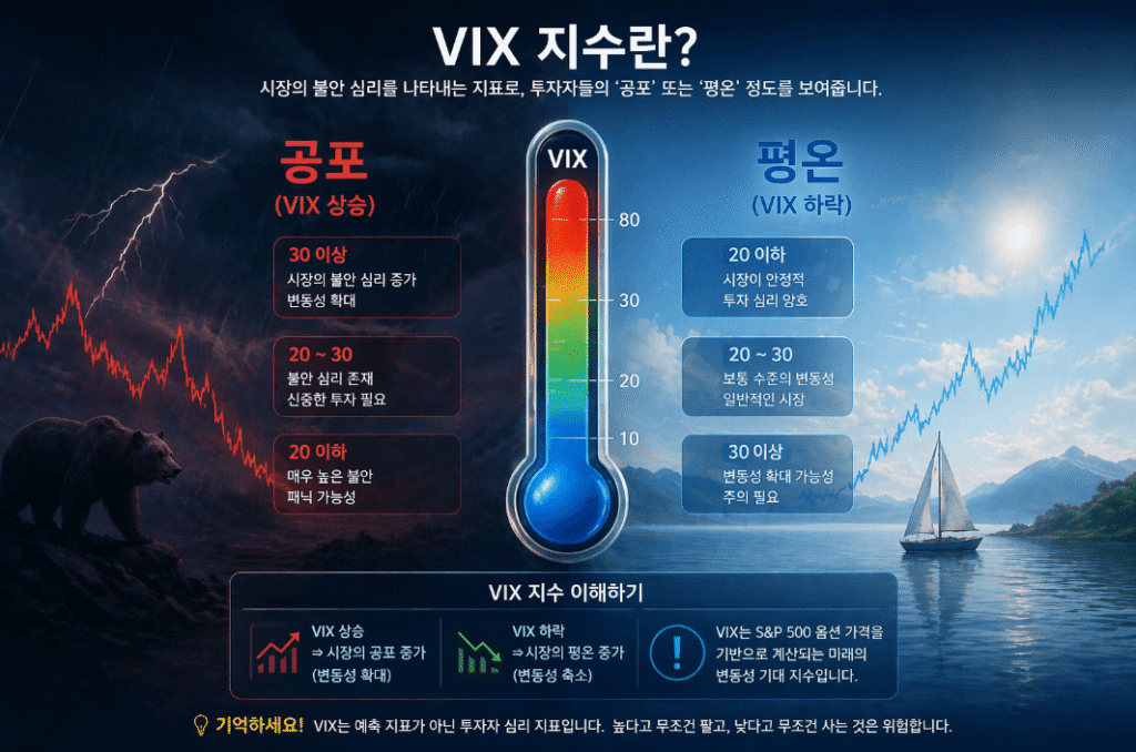 시장의 불안 심리를 나타내는 VIX(변동성 지수) 그래프. 주가가 급락하거나 불확실성이 커질 때 수치가 급등하는 '공포 지수'의 흐름을 시각적으로 보여주어 현재 시장의 심리 상태를 파악하는 지표로 활용됨