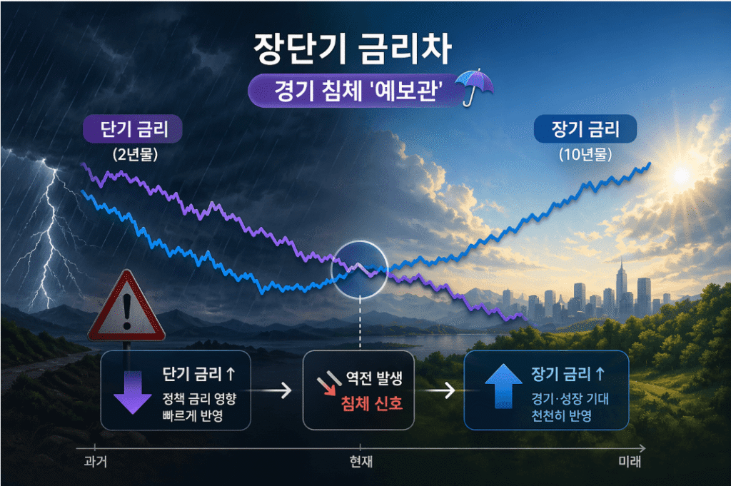 10년물과 2년물 국채 금리 차이를 보여주는 장단기 금리차 그래프. 단기 금리가 장기 금리보다 높아지는 '수익률 곡선 역전' 현상을 통해 향후 경기 침체 가능성을 예보하는 경제 지표의 변동을 나타냄