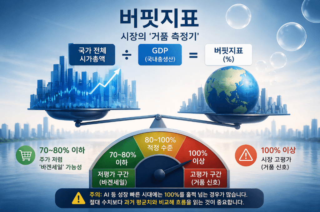 가 전체 시가총액을 GDP로 나눈 버핏 지표(Buffett Indicator) 차트. 전체 경제 규모 대비 주식 시장의 저평가 또는 고평가 여부를 판단하는 거품 측정기 역할을 하며 워런 버핏이 강조한 핵심 지표임