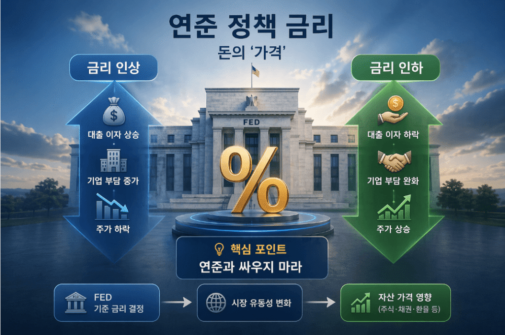 미국 연방준비제도(Fed)의 정책 금리 결정 추이 그래프. 전 세계 자산 가격의 기준이 되는 기준 금리의 인상과 인하 흐름을 통해 시장의 유동성과 돈의 가격 변화를 설명하는 지표 이미지