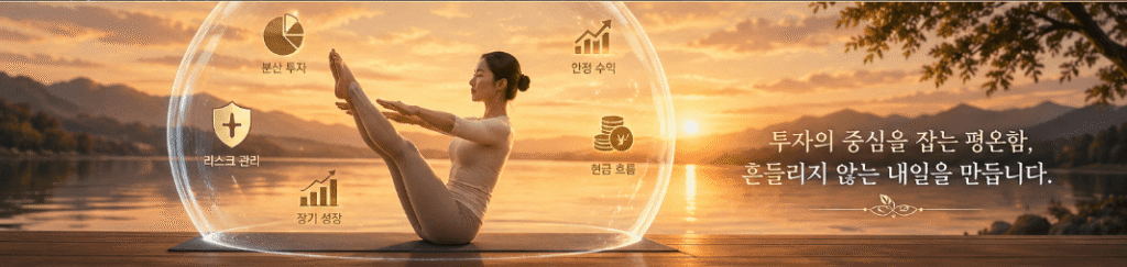 따뜻하고 평온한 해 질 녘 호숫가를 배경으로 한 여성이 완벽한 균형을 잡으며 필라테스 동작을 취하고 있습니다. 여성의 주변으로 투명하고 단단한 보호막이 형성되어 있고, 그 안에 안정적인 주식 포트폴리오 기호들이 평화롭게 떠 있습니다. 전체적으로 따뜻하고 신뢰감을 주는 색조(warm & reliable colors)를 사용했습니다.
