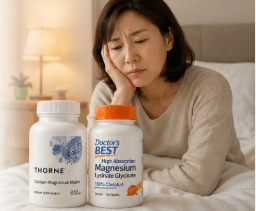 중년 여성이 침대에 앉아 피곤한 표정으로 턱을 괴고 있으며, 앞에는 쏜리서치와 닥터스베스트 마그네슘 영양제가 놓여 있는 모습. 수면 부족이나 피로 회복을 고민하는 상황을 표현한 이미지.