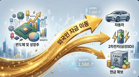 왼쪽의 반도체 및 성장주 아이콘에서 오른쪽의 자동차, 2차전지(삼성SDI), 그리고 'CASH 20%'라고 적힌 금고 아이콘을 향해 굵은 황금색 화살표가 역동적으로 흐릅니다. 화살표 위에는 '외국인 자금 이동'이라는 한글 텍스트가 선명하게 적혀 있습니다.