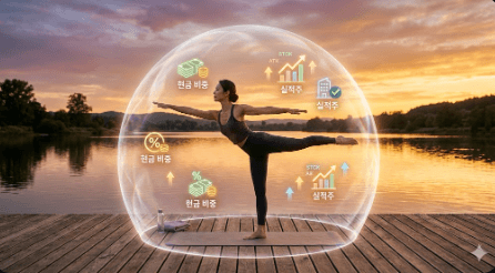해 질 녘 평온한 호숫가에서 필라테스 동작으로 균형을 잡고 있는 여성. 여성 주변의 투명한 보호막 안에 안정적인 투자 포트폴리오 기호들이 떠 있어 흔들림 없는 투자 심리를 표현한다.