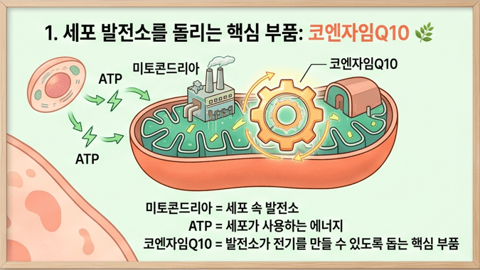 우리 몸속 세포의 에너지 공장인 미토콘드리아와 세포 에너지(ATP) 생성을 돕는 핵심 부품으로서의 코엔자임Q10(CoQ10)의 역할을 알기 쉽게 설명하는 세포 생물학 일러스트레이션. 나이가 들수록 감소하는 체내 코큐텐의 중요성을 시각화한다.