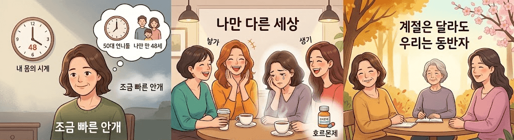 갱년기 극복 에세이 3분할 일러스트 1부. 첫 번째는 '내 몸의 시계'와 숫자 '48'이 적힌 시계 아래에서 만 48세에 일찍 찾아온 갱년기로 고민하는 여성의 모습. 두 번째는 카페에서 생기 있게 웃는 친구들 사이에서 '나만 다른 세상'에 갇힌 듯 혼자 눈물 흘리며 호르몬제 약병을 둔 채 슬퍼하는 모습. 세 번째는 봄과 가을의 배경 속에서 세 여성이 테이블에 모여 '계절은 달라도 우리는 동반자'라는 문구와 함께 다정하게 소통하며 미소 짓는 모습.