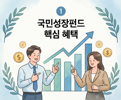 신뢰감 있는 남녀 투자자가 상승하는 주가 그래프와 화살표를 배경으로 '국민성장펀드 핵심 혜택'에 대해 대화하는 모습.