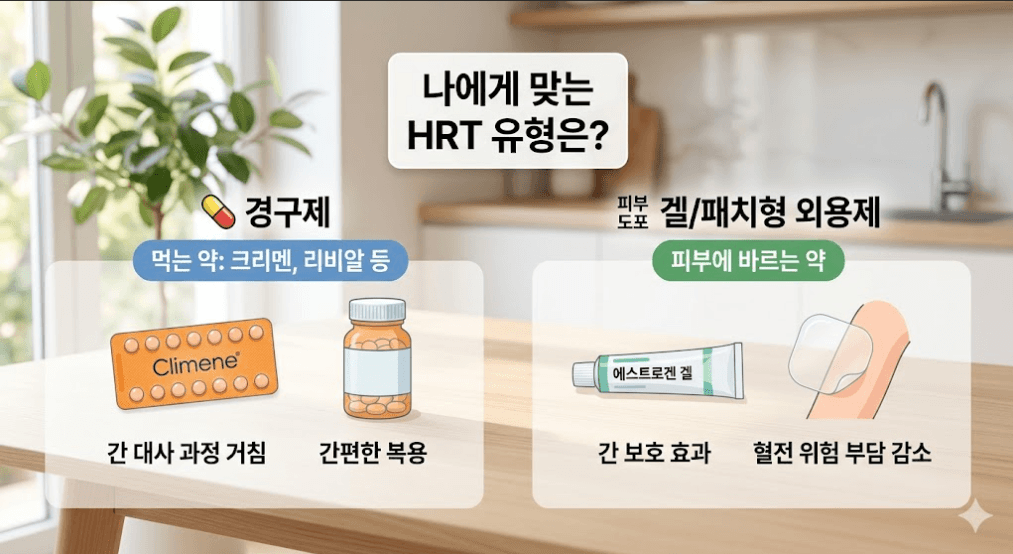 갱년기 호르몬 대체 요법의 두 가지 유형인 경구제(알약)와 외용제(겔, 패치)의 특징을 비교하여 보여주는 깔끔한 이미지. 상단에 '나에게 맞는 HRT'라는 한글 문구가 보인다.