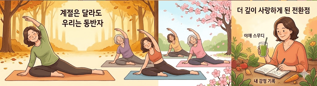 갱년기 극복 에세이 3분할 일러스트 2부. 첫 번째와 두 번째는 단풍이 든 가을 숲과 벚꽃이 피어나는 봄 풍경을 배경으로, 서로 다른 연령대의 여성들이 요가 매트 위에서 필라테스 스트레칭 동작을 함께하며 '계절은 달라도 우리는 동반자'라는 메시지를 나누는 모습. 세 번째는 신선한 채소 밭 옆에서 초록색 야채 스무디를 한 손에 들고 일기장에 '내 감정 기록'을 하며 '더 깊이 사랑하게 된 전환점'을 맞이해 지혜롭게 미소 짓는 여성의 모습.