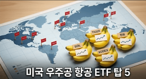 푸른색 세계 지도 위에 'TIGER', 'SOL', 'KODEX', '한화' 등 국내 상장 우주항공 ETF 브랜드를 나타내는 귀여운 바나나 묶음들이 놓여 있고, 각 묶음마다 녹색의 우상향 수익률 그래프 아이콘이 꽂혀 있다. 하단에는 **'미국 우주항공 ETF 탑 5'**라는 흰색 한글 핵심 문구가 정돈되게 적혀 있어 최근 1개월 수익률 기준 우량 상품 정보를 직관적으로 보여준다.
