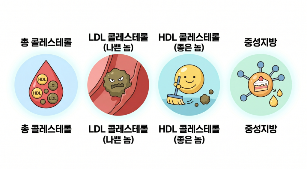총 콜레스테롤, LDL(나쁜 것), HDL(좋은 것), 중성지방의 각 특성과 역할을 설명하는 4가지 패널 아이콘 일러스트레이션