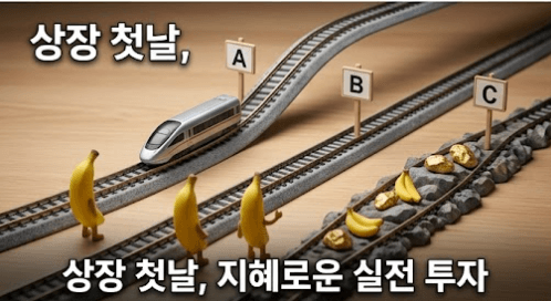 미래를 향해 뻗어 있는 기차 철로가 A, B, C 세 갈래의 코스로 나뉘어 있고, 고속열차가 진입하는 모습을 통해 시장 변동성에 대응하는 3가지 실전 투자 시나리오를 시각화했다. 철로 주변으로 귀여운 나노 바나나 캐릭터들이 상황을 살피고 있으며, 하단에는 **'상장 첫날, 지혜로운 실전 투자'**라는 흰색 한글 핵심 문구가 배치되어 분산 투자 및 적립식 접근 전략을 강조한다.