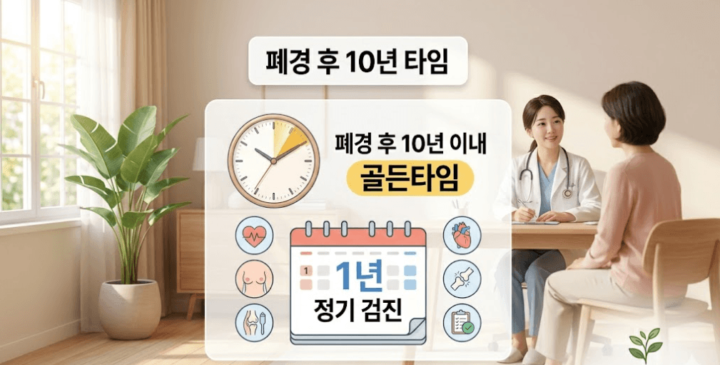 폐경 후 10년 이내라는 호르몬 치료의 골든타임과 안전한 유지를 위한 1년 주기 정기 검진의 중요성을 강조하는 깔끔하고 직관적인 가이드 이미지.