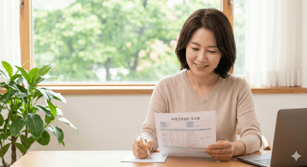 작년 건강검진 결과를 꼼꼼히 검토하며 메모하는 40대 후반 여성의 모습)