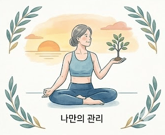 노을이 비치는 평화로운 배경에서 여성이 명상 자세로 앉아 작은 식물을 돌보며 균형을 잡는 모습. 투자의 중심을 잡듯 내 몸의 순환과 균형을 지켜내는 지혜로운 관리의 중요성을 상징한다.