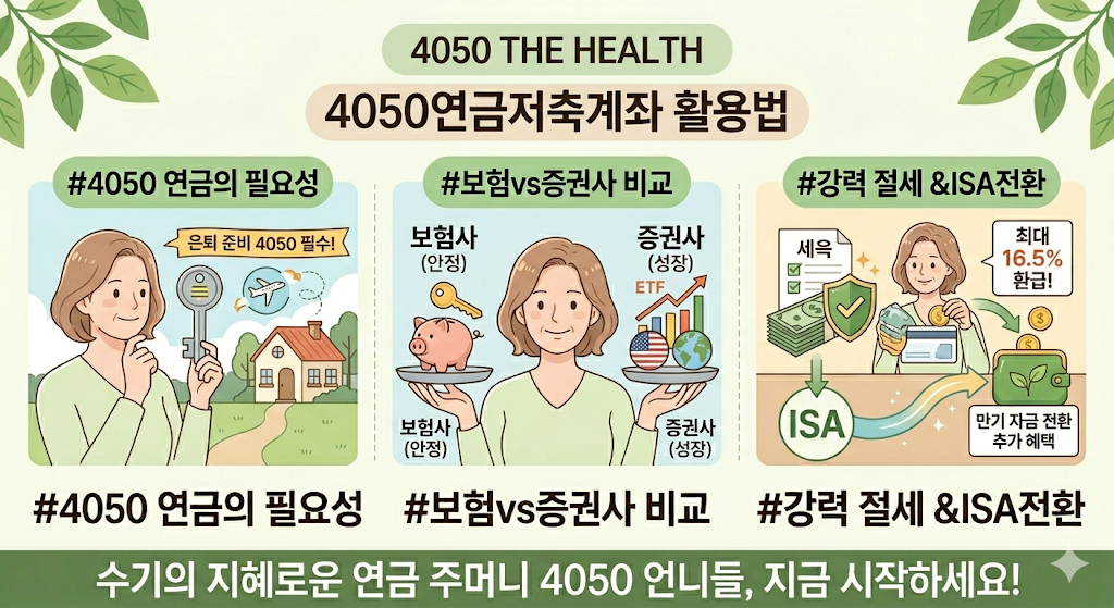 4050 THE HEALTH 블로그의 4050 연금저축계좌 활용법 인포그래픽 이미지. 은퇴 준비 필수 요소인 연금의 필요성, 보험사와 증권사의 운용 방식 비교 및 안정성 대 자산 성장 대조, 최대 16.5% 환급 세액공제 절세 혜택과 ISA 만기 자금 전환 연계 혜택을 직관적인 일러스트로 보여주는 4050 여성 필수 금융 재테크 가이드.