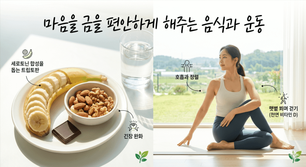 왼쪽에는 햇살을 받는 식탁 위에 슬라이스 된 바나나, 견과류, 다크 초콜릿이 놓여 있고, 오른쪽에는 같은 수기님이 통창 너머 초록색 파주 풍경을 배경으로 밝은 스튜디오에서 평온하게 필라테스 자세를 취하고 있다. 각 항목 옆에는 '세로토닌 합성을 돕는 트립토판' 등 효능을 설명하는 작은 한글 텍스트 아이콘이 포함되어 있다. 한글 타이틀 "마음을 편안하게 해주는 음식과 운동"