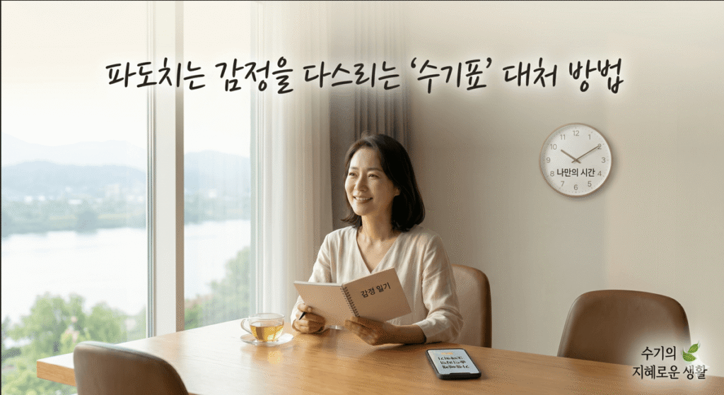 풍경이 보이는 밝고 아늑한 거실 창가에 앉아, 한 여성의 온화한 미소를 지으며 '감정 일기' 노트북에 글을 쓰고 있다. 식탁 위에는 따뜻한 허브차 잔과 '가족에게 솔직하게 고백하기' 메시지가 보이는 스마트폰이 놓여 있고, 벽시계는 '나만의 시간'을 가리킨다. 한글 타이틀 "파도치는 감정을 다스리는 '수기표' 대처 방법"