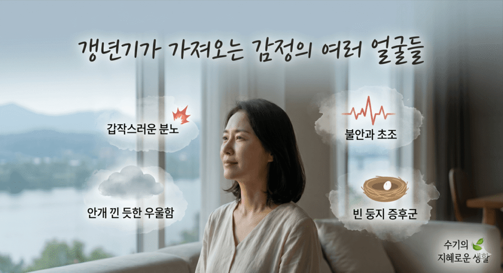 Moody하고 부드러운 분위기 속에서 사색에 잠긴 여성을 중심으로 '갑작스러운 분노'(빨간 스파크), '안개 낀 듯한 우울함'(회색 구름), '불안과 초조'(심박수 그래프), '빈 둥지 증후군'(비어 있는 둥지와 알)을 상징하는 네 가지 아이콘과 텍스트가 감성의 오버레이 형태로 둘러싸고 있다. 한글 타이틀 "갱년기가 가져오는 감정의 여러 얼굴들"