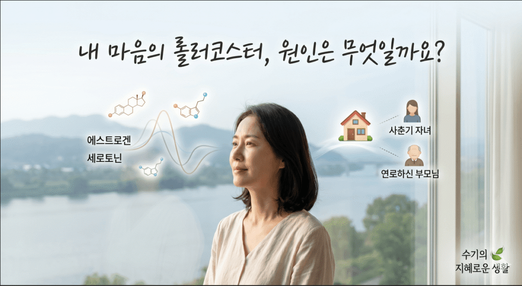 에스트로겐과 세로토닌의 급격한 호르몬 변화 그래프와 사춘기 자녀, 연로하신 부모님을 돌봐야 하는 '샌드위치 세대'의 환경적 압박을 상징하는 아이콘이 파주의 평화로운 창밖 풍경을 배경으로 사색하는 여성 위로 떠 있다. 한글 타이틀 "내 마음의 롤러코스터, 원인은 무엇일까요?"가 적혀있다.