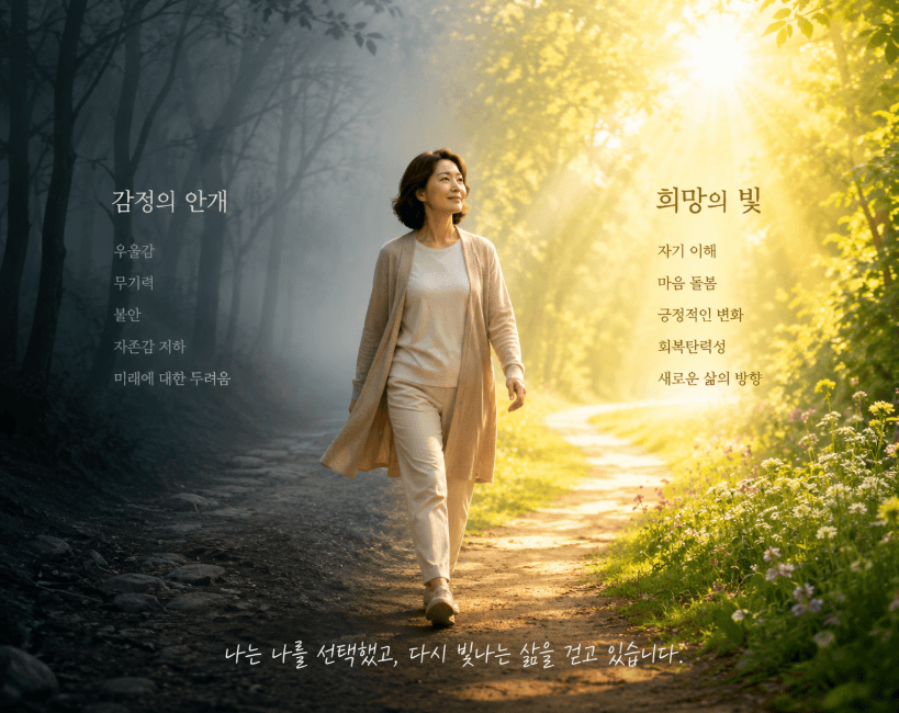 안개 낀 숲길을 걷다가 환한 햇살이 비치는 길로 걸어 나오는 4050 여성. 갱년기 우울증이라는 감정의 안개를 극복하고 희망과 회복탄력성을 되찾는 과정을 시각적으로 표현한 이미지