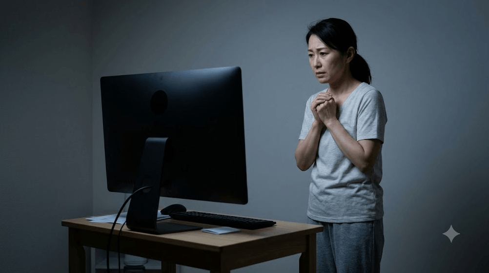 심각한 번아웃과 재택근무 트라우마로 인해 불이 꺼진 차가운 컴퓨터 모니터와 책상 앞에 서서 접근하기를 두려워하고 망설이는 40대 후반 여성의 심리적 고립감을 표현한 이미지.