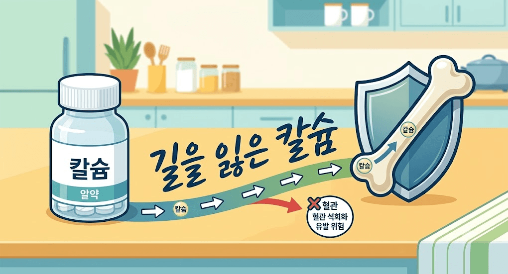 맹목적인 칼슘 섭취 시 발생할 수 있는 혈관 석회화 리스크를 설명하고, 뼈 건강을 위해 칼슘을 바르게 흡수시키는 배합의 중요성을 보여주는 의학 가이드 일러스트
