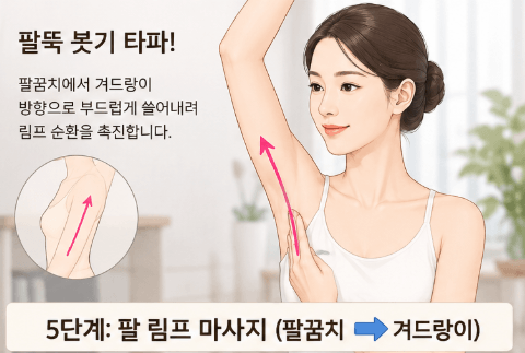 한쪽 팔을 위로 들고 반대쪽 손끝으로 팔꿈치에서 겨드랑이 방향으로 정체된 부종을 쓸어내리는 5단계 팔 림프 마사지 안내 이미지. '5단계: 팔 림프 마사지'라는 명확한 한글 문구가 포함되어 있다.