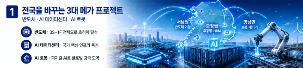 반도체 초격차 달성, AI 데이터센터 핵심 인프라 육성, 피지컬 AI 로봇 글로벌 강국 도약을 골자로 하는 전국의 지도를 바꾸는 3대 메가 프로젝트 요약 인포그래픽 이미지