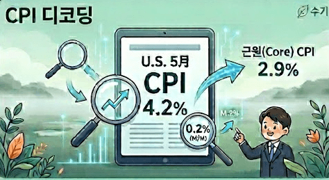 'CPI 디코딩'이라는 선명한 한글 타이틀 아래, 태블릿 화면 속 'U.S. 5월 CPI 4.2%' 성적표를 돋보기로 확대해 분석하는 모습. 우상향하는 화살표와 함께 '근원(Core) CPI 2.9%', 전월 대비 '0.2%' 숫자가 명확히 드러나며, 깔끔한 정장 차림의 남성 캐릭터(분석가)가 지표의 긍정적인 '알맹이'를 가리키며 설명하고 있다.