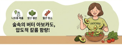 미소를 지으며 신선한 아보카도를 손질해 샐러드를 만드는 수기님의 모습. 왼쪽에는 '나트륨 배출', '염산 철분', '혈관 청소' 아이콘과 함께 '숲속의 버터 아보카도, 압도적 칼륨 함량!'이라는 굵은 한글 문구가 오타 없이 포함되어 있다.